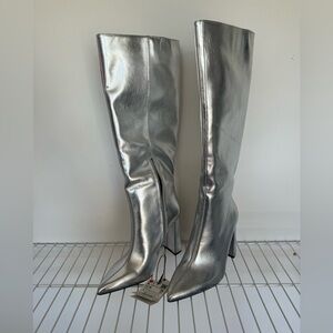 Metallic silver knee-high boots